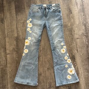 Driftwood mid rise floral embroidered flare jeans